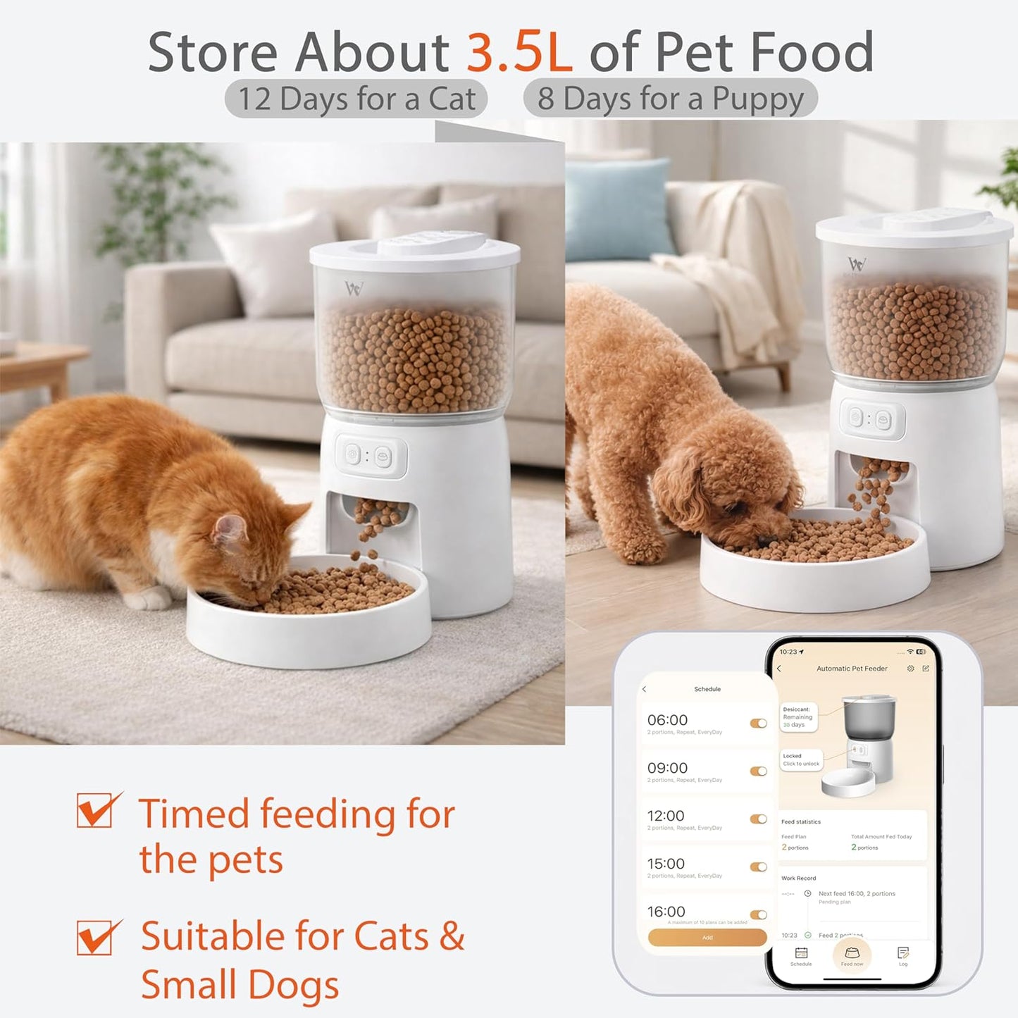 Waithem Wi-Fi Automatic Cat Feeder — App-Controlled Timed Dry Food Dispenser with Programmable Portions (Up to 10 Meals/Day), Dual Power Supply, Suitable for Cats and Small Dogs