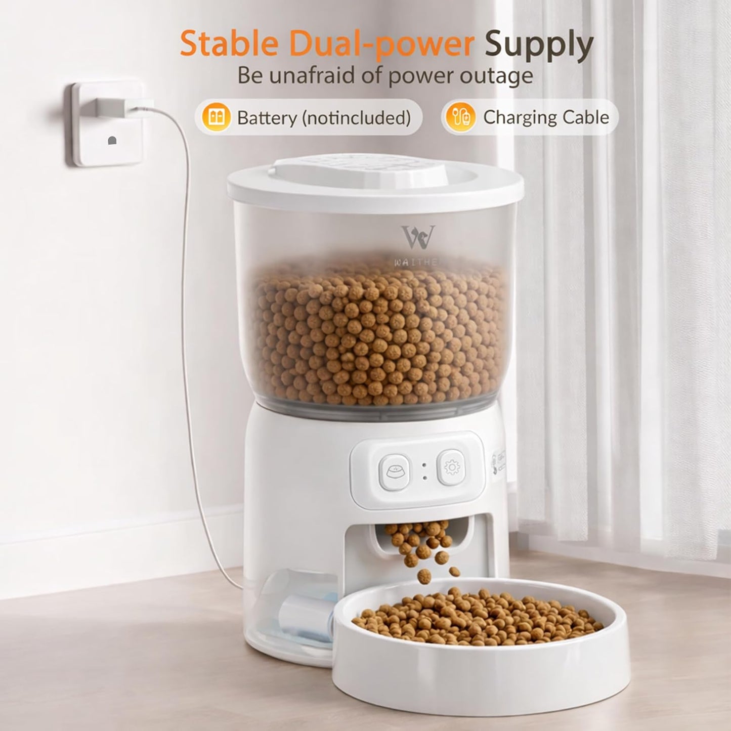 Waithem Wi-Fi Automatic Cat Feeder — App-Controlled Timed Dry Food Dispenser with Programmable Portions (Up to 10 Meals/Day), Dual Power Supply, Suitable for Cats and Small Dogs